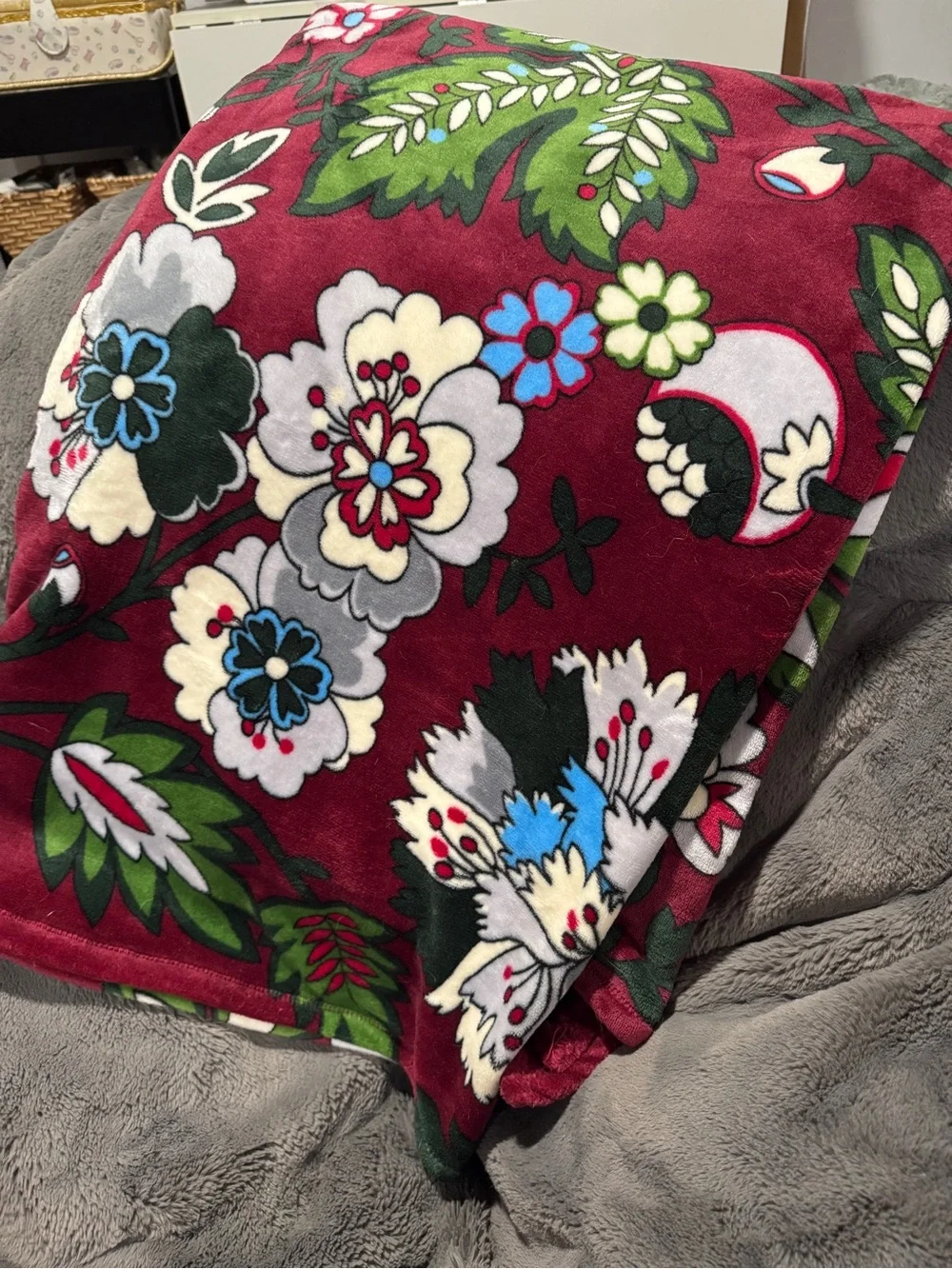 Vera Bradley Burgundy Floral Plush Throw with Multicolor Blooms
